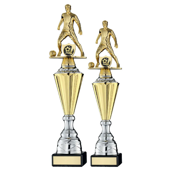 GOLD PLASTIC MALE FOOTBALL FIGURE ON GOLD/SILVER TROPHY (1in CEN)