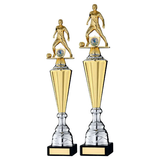 GOLD PLASTIC FEMALE FOOTBALL FIGURE ON GOLD/SILVER TROPHY (1in CEN)