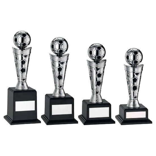 SILVER/BLACK PLASTIC FOOTBALL FIGURE ON BASE