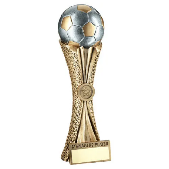 BZ/PW/G FOOTBALL ON TRI MESH COLUMN WITH PLATE (1in CEN) MANAGERS PLAYER - 12in