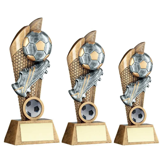 BRZ/PEW/GOLD FOOTBALL AND BOOT ON MESH BACKDROP WITH PLATE (1in CEN)