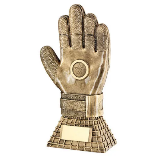 BRZ/GOLD FOOTBALL GOALKEEPER GLOVE ON NET BASE WITH PLATE (1in CENTRE) - 10in