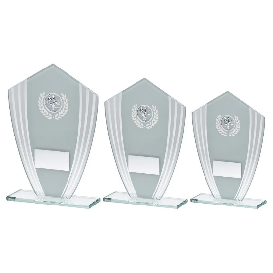 WHITE/SILVER GLASS SHIELD PLAQUE WITH FOOTBALL INSERT & PLATE