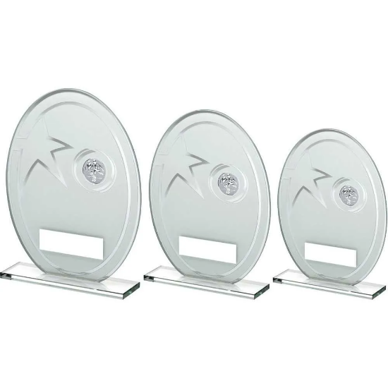 WHITE/SILVER PRINTED GLASS OVAL WITH FOOTBALL INSERT AND PLATE