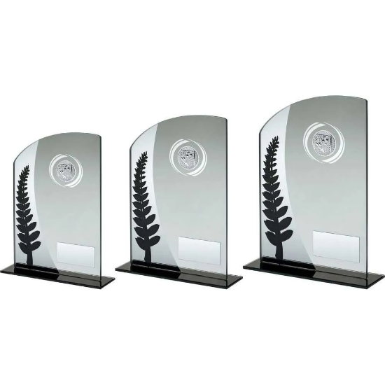 JADE GLASS PLAQUE WITH BLACK/SILVER DETAIL AND FOOTBALL INSERT AND PLATE