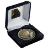 BLACK VELVET BOX AND 60mm MEDAL FOOTBALL TROPHY ANTIQUE GOLD - 4in