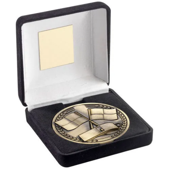 BLACK VELVET BOX AND 70mm ANTIQUE GOLD MEDALLION REFEREE TROPHY - 4in