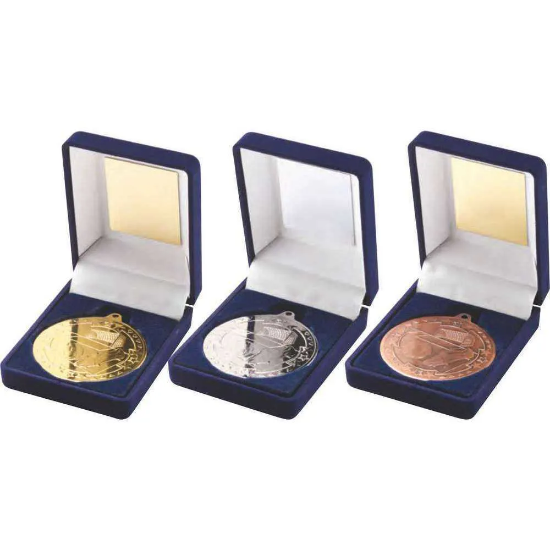 VELVET BOX AND 50mm MEDAL FOOTBALL TROPHY SILVER