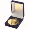 BLUE VELVET BOX AND 50mm MEDAL FOOTBALL TROPHY GOLD - 3.5in
