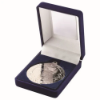 BLUE VELVET BOX AND 50mm MEDAL FOOTBALL TROPHY SILVER - 3.5in