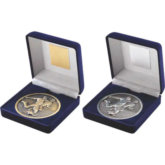 VELVET BOX AND 70mm MEDALLION FOOTBALL TROPHY ANTIQUE SILVER