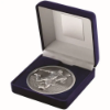 BLUE VELVET BOX AND 70mm MEDALLION FOOTBALL TROPHY ANTIQUE SILVER - 4in