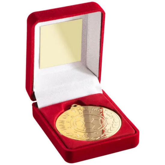 RED VELVET BOX AND 50mm M.O.T.M MEDAL TROPHY GOLD - 3.5in