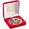 RED VELVET BOX AND 70mm MEDALLION FOOTBALL TROPHY (1" CEN) ANTIQUE GOLD - 4in