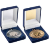 VELVET BOX AND 50mm FOOTBALL MEDAL TROPHY ANTIQUE SILVER (1in CEN)