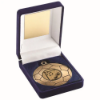 BLUE VELVET BOX AND 50mm FOOTBALL MEDAL TROPHY ANTIQUE GOLD (1in CEN) - 3.5in
