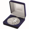 BLUE VELVET BOX AND 70mm FOOTBALL MEDAL TROPHY MATT SILVER/SILVER - 4in