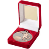 RED VELVET BOX AND 50mm FOOTBALL MEDAL TROPHY MATT SILVER/BRONZE - 3.5in