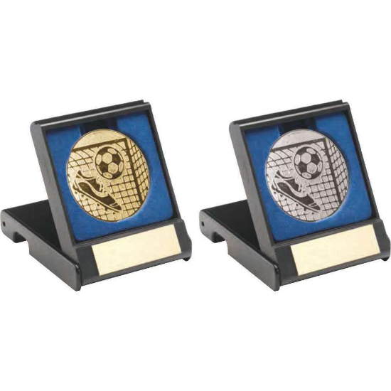 BLACK PLASTIC BOX WITH FOOTBALL INSERT TROPHY SILVER