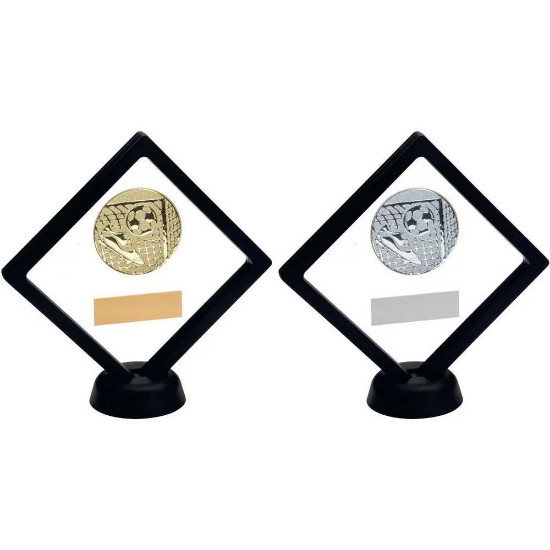 BLACK/CLEAR PLASTIC BOX WITH FOOTBALL INSERT TROPHY SILVER