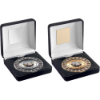 BLACK VELVET BOX AND 70mm FOOTBALL MEDAL TROPHY (1in CENTRE) ANT SILVER