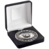 BLACK VELVET BOX AND 70mm FOOTBALL MEDAL TROPHY (1in CENTRE) ANT SILVER - 4in