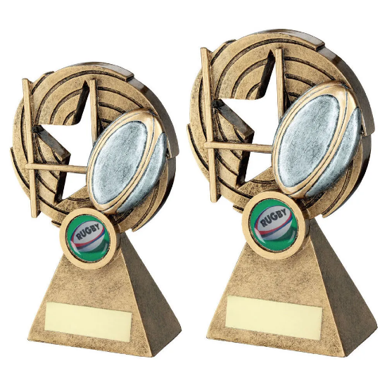 BRZ/PEW/GOLD RUGBY BALL AND POSTS ON HOLED SPIRAL WITH PLATE (1in CEN)