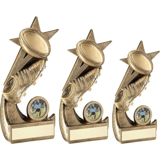 BRZ/GOLD RUGBY BALL AND BOOT ON SHOOTING STAR WITH PLATE (1in CENTRE)