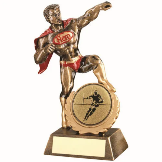 BRZ/GOLD/RED RESIN GENERIC HERO AWARD WITH RUGBY INSERT AND PLATE - 7.25in