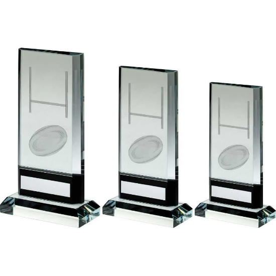 CLEAR/BLACK GLASS WITH LASE RUGBY IMAGE AND PLATE (15mm THICK)