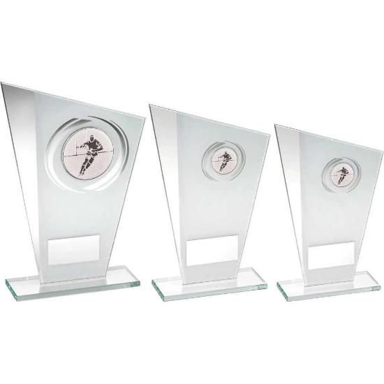 WHITE/SILVER PRINTED GLASS PLAQUE WITH RUGBY INSERT WITH PLATE