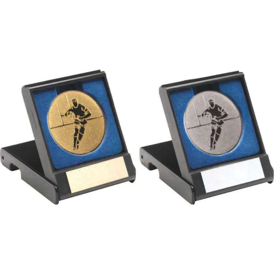 BLACK PLASTIC BOX WITH RUGBY INSERT TROPHY SILVER