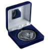 BLUE VELVET BOX AND 60mm MEDAL RUGBY TROPHY ANTIQUE SILVER - 4in