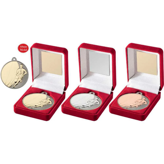 VELVET BOX AND 50mm RUGBY MEDAL TROPHY MATT SILVER/SILVER 3.5in