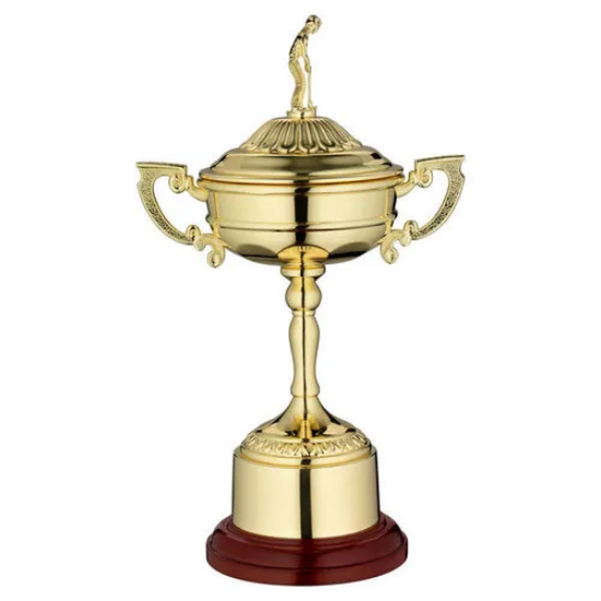 GOLD FINISH RYDER CUP ON ROUND BASE WITH PLINTH - 12in