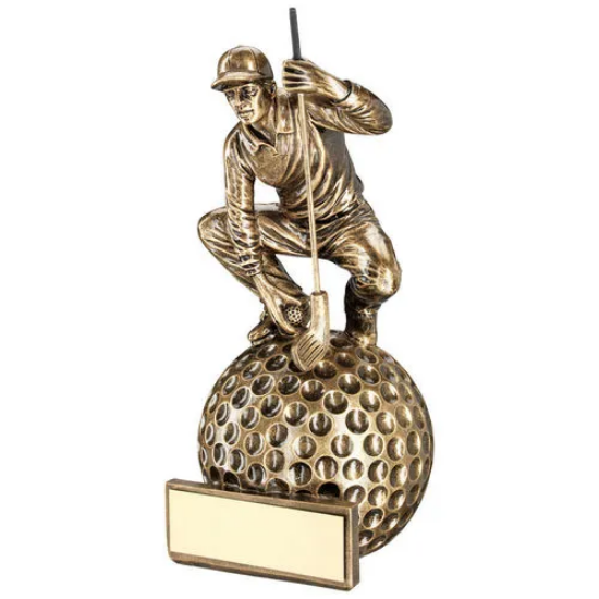 BRZ/GOLD CROUCHING GOLFER ON BALL BASE WITH PLATE - 8.75in