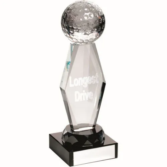 CLEAR GLASS LASERED GOLF COLUMN ON BLACK BASE L.D - 7.25in