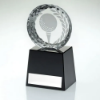 CLEAR GLASS GOLF CIRCLE WITH IMAGE ON BLACK PLINTH AND PLATE - 6.75in
