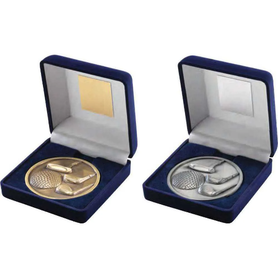 VELVET BOX AND 70mm MEDALLION GOLF TROPHY ANTIQUE SILVER