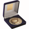 BLUE VELVET BOX AND 70mm MEDALLION GOLF TROPHY ANTIQUE GOLD LONGEST DRIVE - 4in