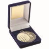 BLUE VELVET BOX AND 50mm GOLF MEDAL TROPHY MATT SILVER/GOLD - 3.5in