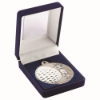 BLUE VELVET BOX AND 50mm GOLF MEDAL TROPHY MATT SILVER/SILVER - 3.5in