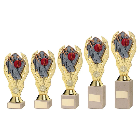 GOLD PLASTIC HOLDER + CRICKET DISC ON CREAM MARBLE TROPHY (1in CEN)