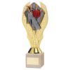 GOLD PLASTIC HOLDER + CRICKET DISC ON CREAM MARBLE TROPHY (1in CEN) - 10in