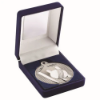 BLUE VELVET BOX AND 50mm CRICKET MEDAL TROPHY MATT SILVER/SILVER - 3.5in