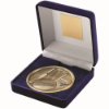 BLUE VELVET BOX AND 70mm MEDALLION CRICKET TROPHY ANTIQUE GOLD - 4in