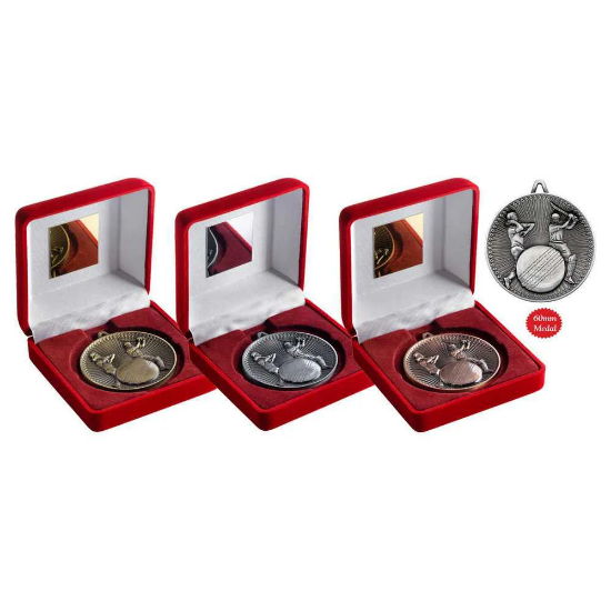 VELVET BOX AND 60mm MEDAL CRICKET TROPHY BRONZE