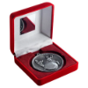 RED VELVET BOX AND 60mm MEDAL CRICKET TROPHY ANTIQUE SILVER - 4in