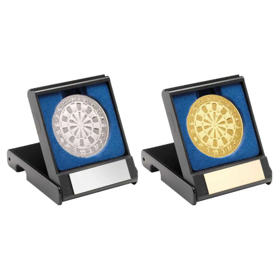 BLACK PLASTIC BOX WITH DARTS INSERT TROPHY SILVER