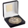 BLACK VELVET BOX AND 70mm MEDALLION DARTS TROPHY ANTIQUE GOLD - 4in